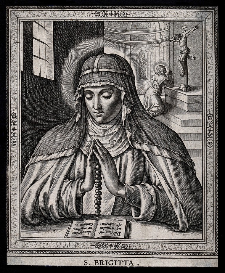 Saint Bridget of Sweden. Line engraving by H. Wierix after P. Galle. Wellcome Collection. Public Domain Mark. Source: Wellcome Collection. https://wellcomecollection.org/works/u38ftmwd