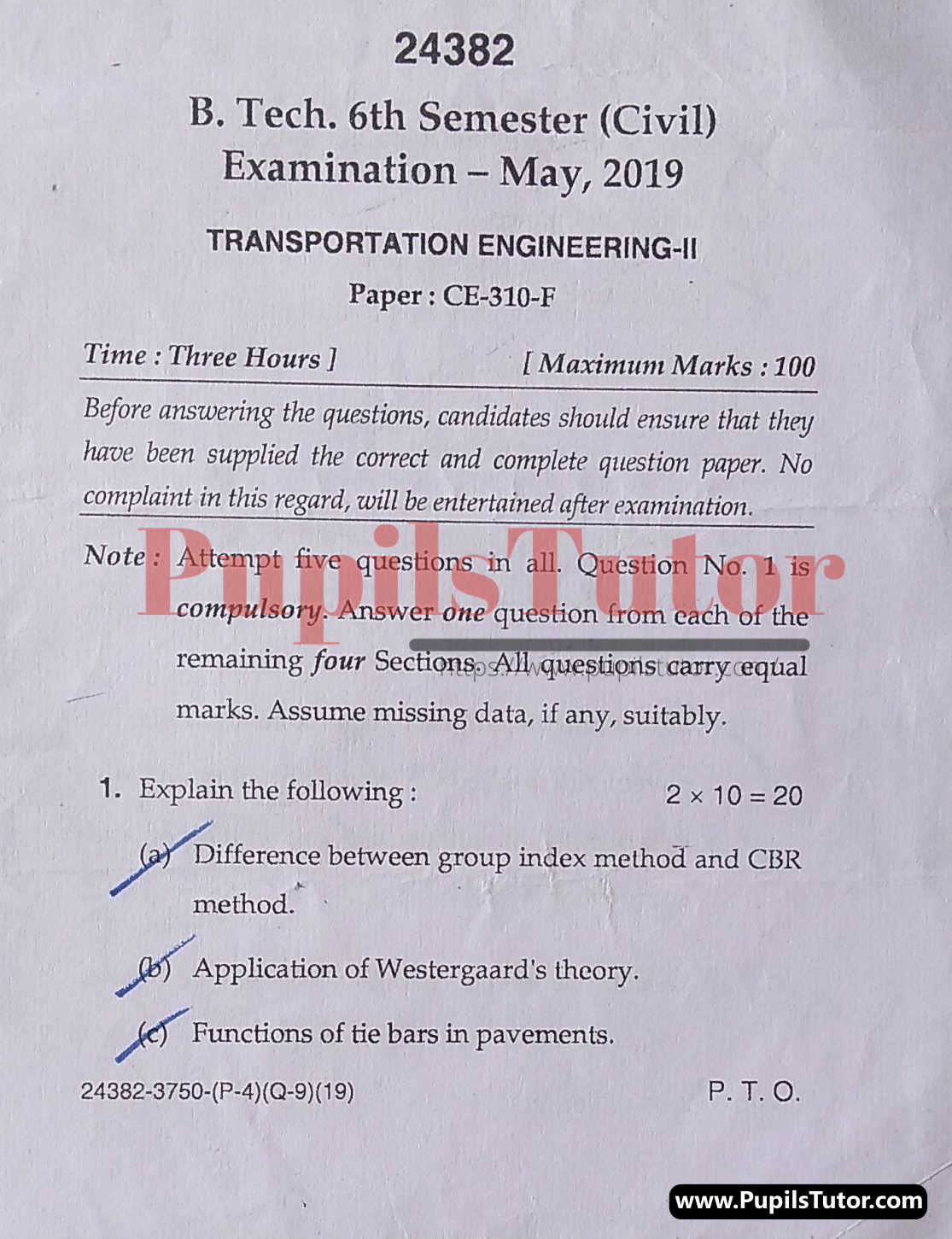 MDU (Maharshi Dayanand University, Rohtak Haryana) Btech Regular Exam Sixth Semester Previous Year Transportation Engineering Question Paper For May, 2019 Exam (Question Paper Page 1) - pupilstutor.com