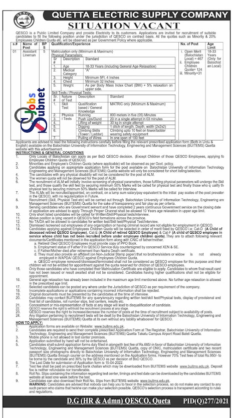 New Quetta Electric Supply Company QESCO Government Jobs 2022