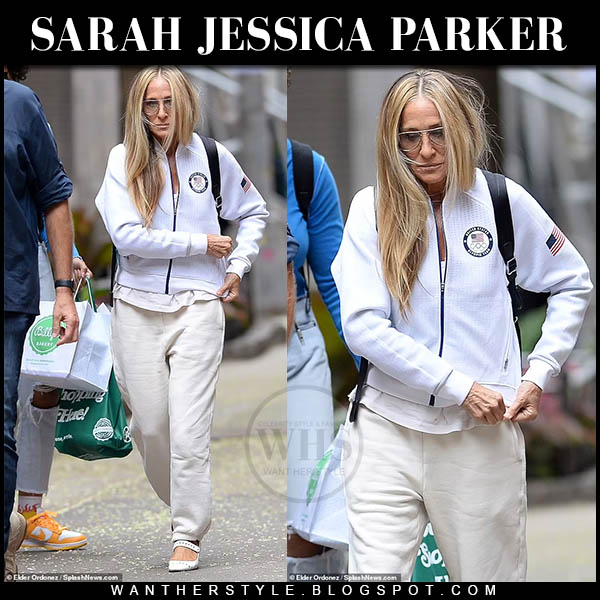 Sarah Jessica Parker in white zip jacket and white sweatpants