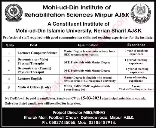 Latest Jobs in Pakistan Mohi Ud Din Institute of Rehabilitation Sciences Mirpur Jobs 2021