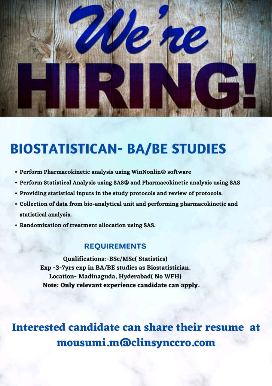 Job Available's for Clinsynccro Ltd Job Vacancy for BSc/ MSc Statistics