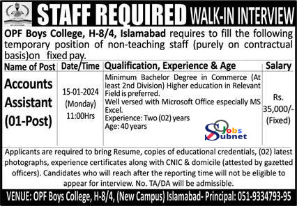 OPF Boys College Islamabad Jobs 2024 Walk in interview
