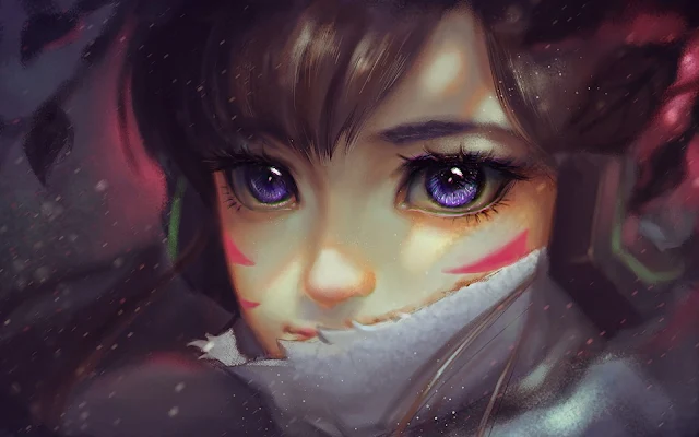Free DVA Art Purple Eyes Portrait Overwatch Game wallpaper. Click on the image above to download for HD, Widescreen, Ultra HD desktop monitors, Android, Apple iPhone mobiles, tablets.