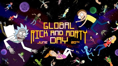 Source: HBO. Poster for Global Rick and Morty Day, June 20, featuring characters in zero gravity, plus some planets.