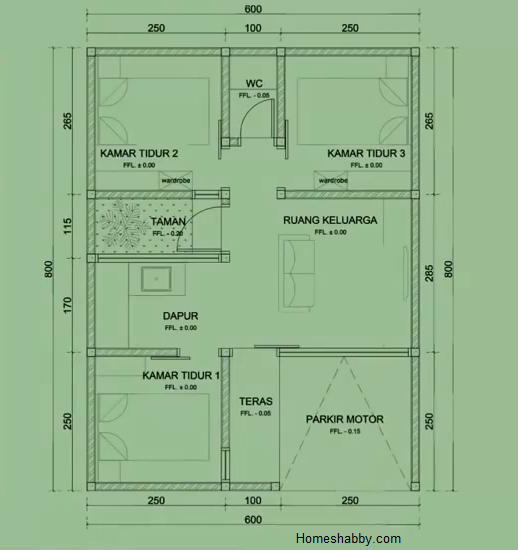 Desain dan Denah Rumah Ukuran 6 x 8 M 3 Kamar Tidur 