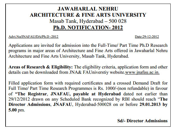 Jnafau Hyderabad Phd Notification 2012 Architecture And