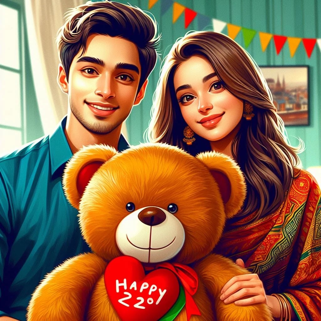 22-year-old couple in a room and holding a big teddy bear between them