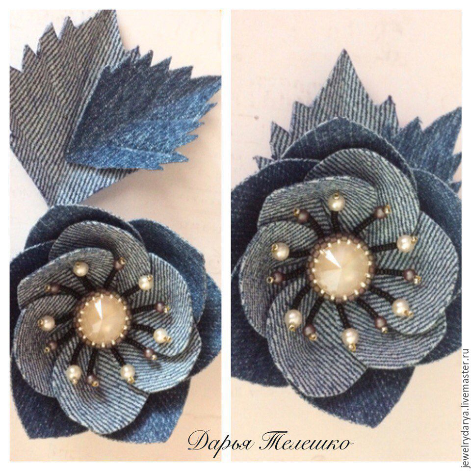 Create a denim brooch - a flower with a Swarovski crystal