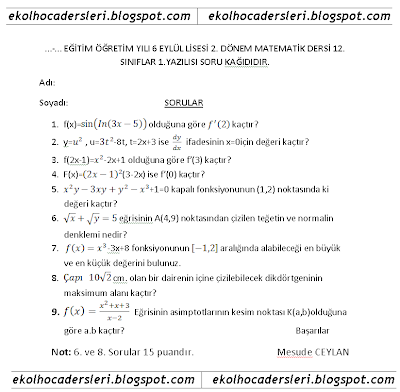 lise 4 12.sınıf matematik 2.dönem 1.yazılı soruları