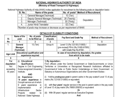 NHAI Recruitment 2023 Notification for 62 Posts   The National Highways Authority of India recruitment board has released a new NHAI Recruitment 2023 Notification. They’re looking to hire people for various roles like General Manager (Technical), Deputy General Manager (Technical), Manager (Technical), and Junior Hindi Translator. In total, there are 62 job openings. The NHAI Recruitment 2023 online application process is open until 27th October 2023, and the hard copy submission deadline on 13th November 2023. The link to download the NHAI Notification 2023 can be found at the end of this article.  NHAI Recruitment 2023 Notification To qualify for the Latest NHAI Vacancies, you’ll need a degree in Civil Engineering or a Master’s degree from a recognized university with relevant work experience. Candidates applying for these roles through deputation should be under 56 years of age. The salary details vary by position, and the selection process is based on deputation. Eligible candidates can apply for NHAI Recruitment 2023 through the provided NHAI Recruitment Apply Online Link. Additionally, candidates should remember to fill out the NHAI online forms, take a printout, and send it to the address provided for their respective positions as part of the application process. For more information check this article.