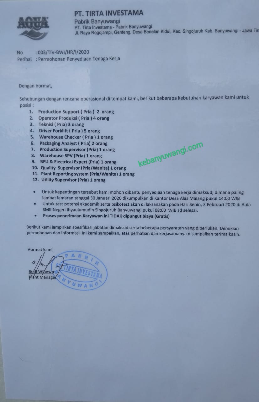 Loker Pt.aqua G - Lowongan Kerja Operator Produksi Di ...