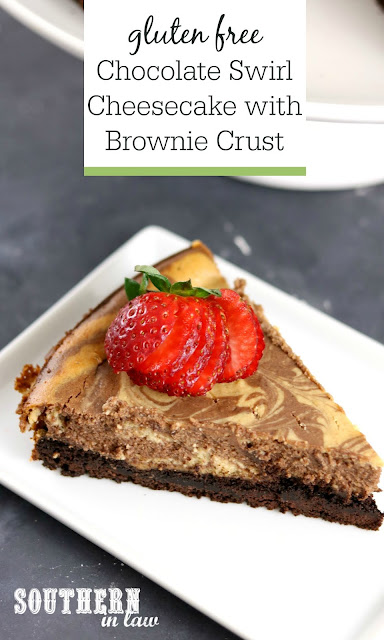 Easy Gluten Free Chocolate Swirl Cheesecake with Brownie Crust - gluten free, baked cheesecake, dessert