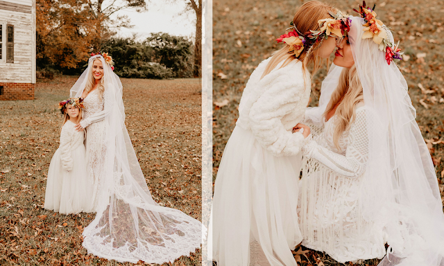 blonde bride long veil flower girl