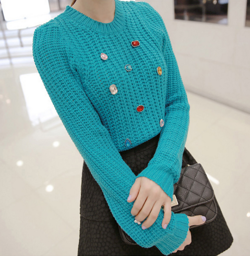 Long Sleeved Knit Sweater with Faceted Stone Accents