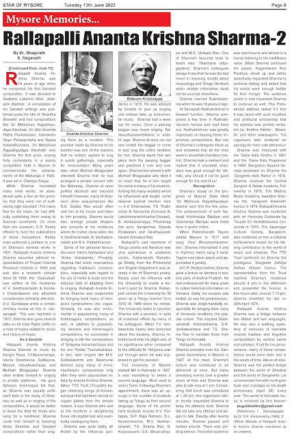 Star of Mysore article by Dr. Bhagirath. S. Naganath on Rallapalli Ananta Krishna Sharma - 2 (11 & 13 June 2023)