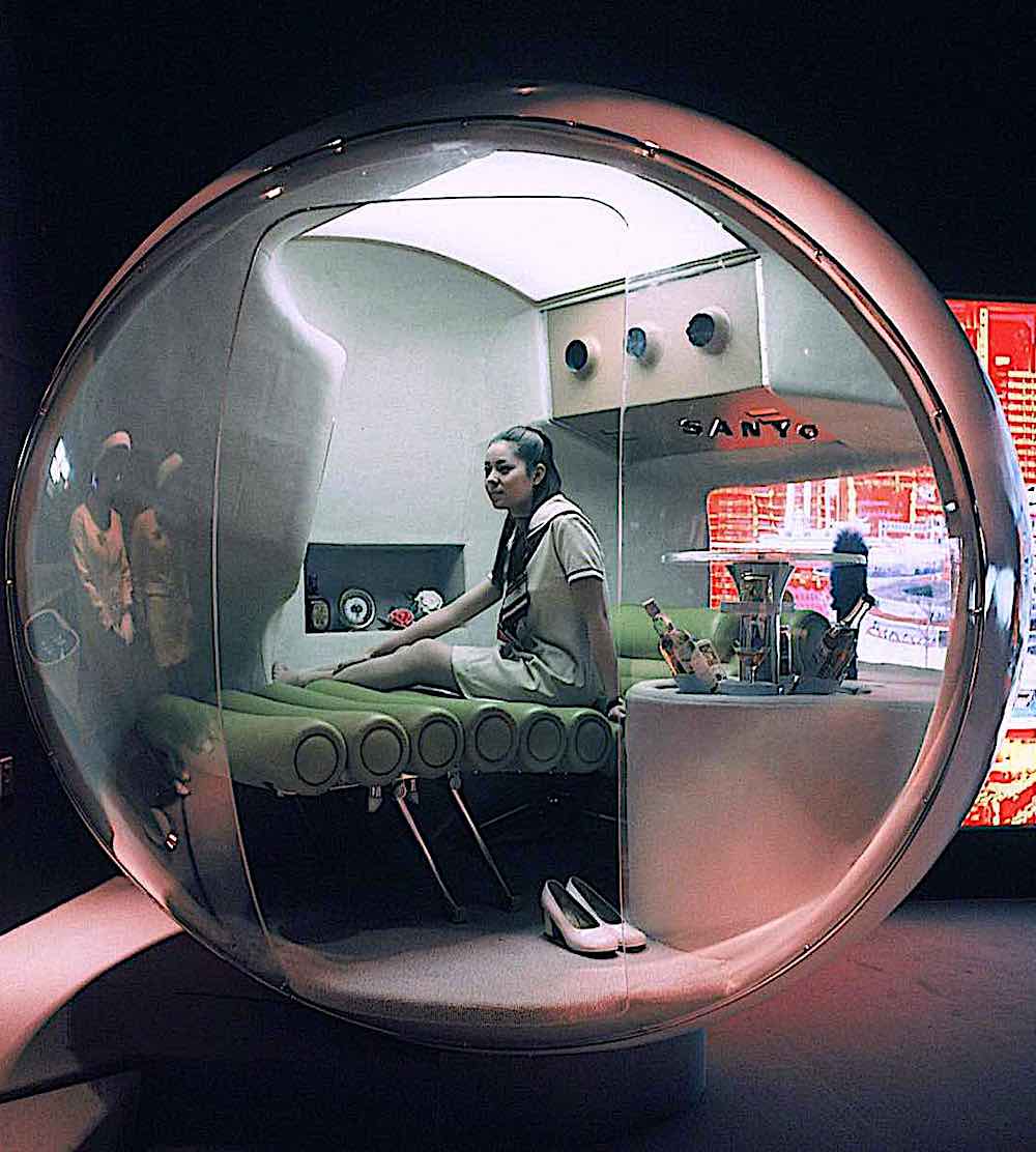 1970 Japan Worlds Fair Sanyo retrofuture, a woman in a clear plastic sphere