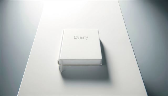 A wide illustration featuring a white diary placed on a white table. The cover of the diary is marked with the word 'Diary'. The table is otherwise empty, emphasizing a vast negative space around the diary, creating a minimalist and serene atmosphere. The focus is on the clean, simple design of the diary and the expansive white table, which should be depicted in a way that highlights the elegance of simplicity and the quiet, reflective mood of the scene.