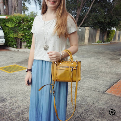 Awayfromblue instagram | Jeanswest Kaylin star foil grey tee chambray noisy may maxi skirt mustard micro Regan bag