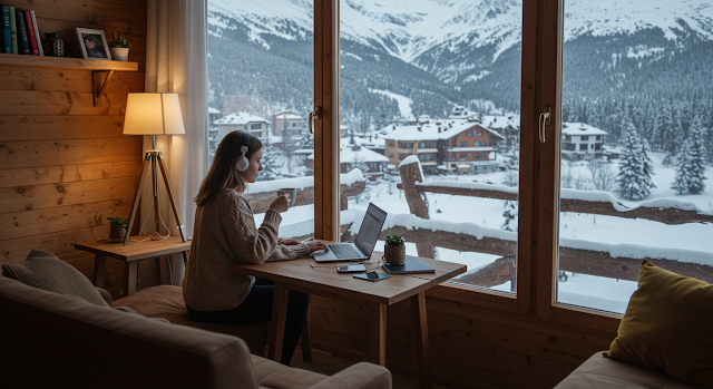 A digital nomad working inside a wooden cabin with snow-covered village and pine trees visible through a large window