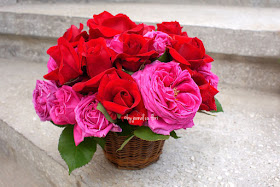 buchet cu flori trandafiri rosii si fucsia in cos rustic