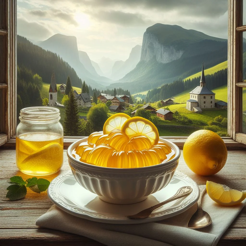 plato de gelatina de limon frente a una ventana con vista al campo