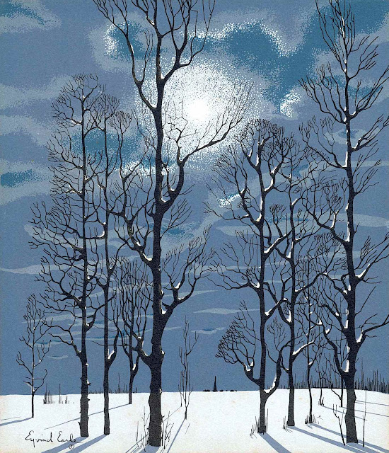 Eyvind Earle, a color winter night scene with trees and moon