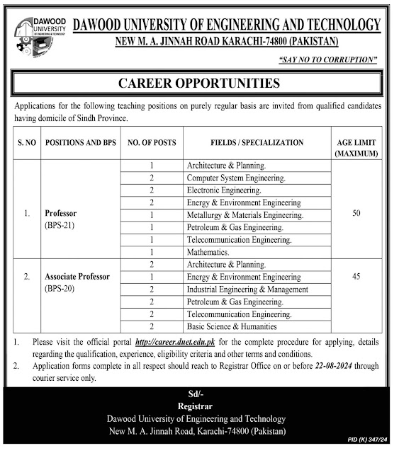 Latest Jobs in Dawood University of Engineering