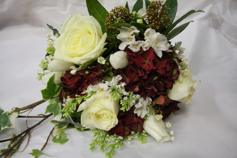 Late Winter Early Spring Wedding Bouquet in Ivory Claret