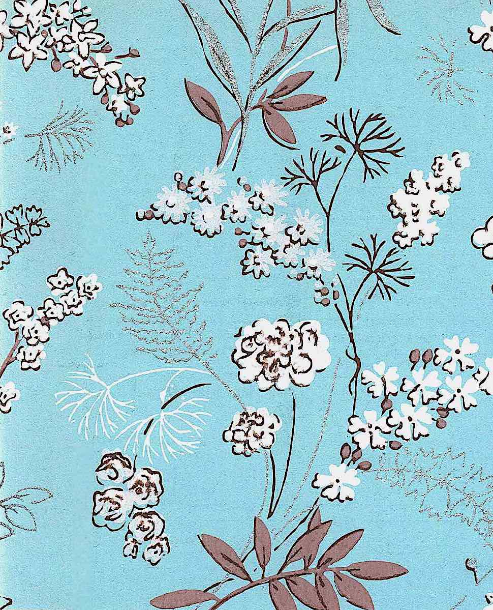 1957 wallpaper, brown white and silver on a blue field