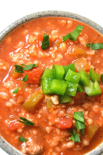 Vegetarian Stuffed Bell Pepper Soup- flavorful and hearty. Uses whole-grain brown rice for more fiber and is perfect for a chilly day.