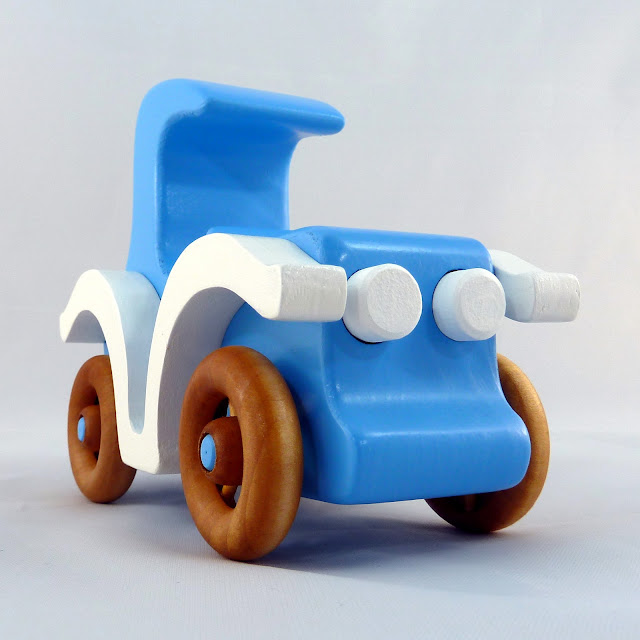 Handmade Wood Toy Car, Vintage Style Coupe Handmade and Finished with Baby Blue and White Acrylic Paint, and Amber Shellac Bad Bob's Custom Motors