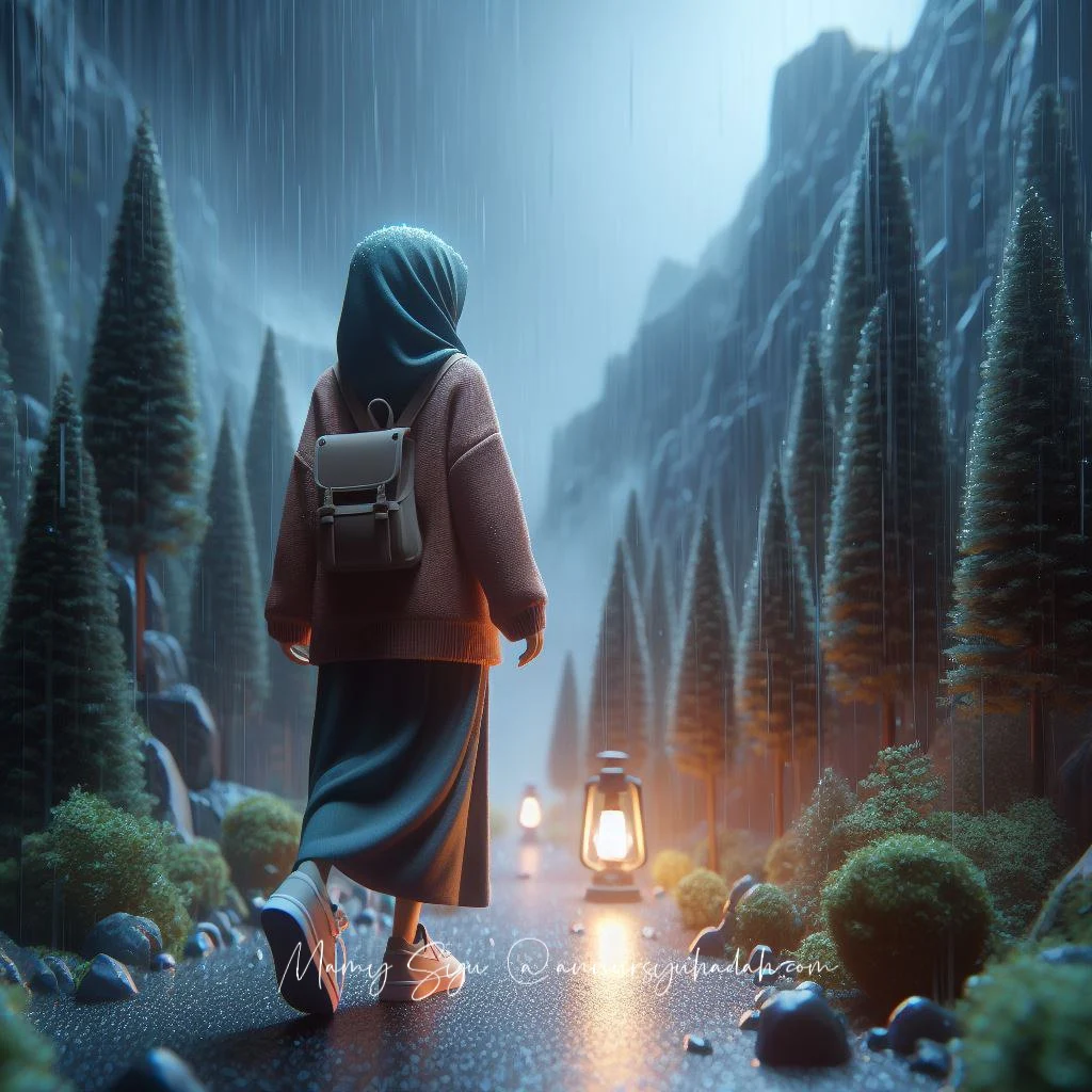 AI prompt _ gambar gadis bertudung berjalan dalam hujan
