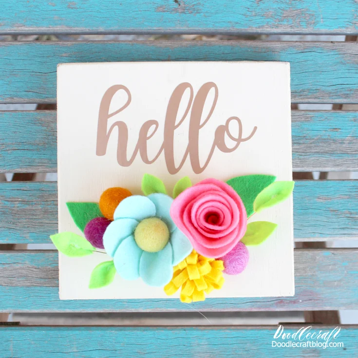 Hello Sign with Felt Flowers  Perfect Spring decoration for the mantle, bookshelf or in the entryway.   The magic of cottagecore is finding your vibe, embracing the beauty of nature, adding a touch of nostalgia and a fun craft project!   This fun craft would be easy to turn into a craft kit and host a class for a vibrant community of real people--at the local library, for a church group or Summer camp.