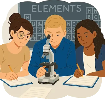 "Three students collaborating in a science class, with one using a microscope and others taking notes."