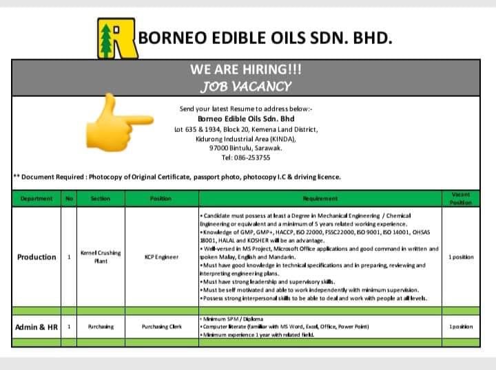Jawatan Kosong Borneo Edible Oils Sdn Bhd Kini Dibuka 