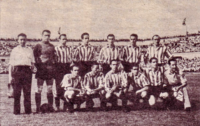 📸ATLÉTICO DE BILBAO 📆24 junio 1945 ⬆️Birichinaga (masajista), Lezama, Celaya, Bergareche, Nando, Mieza y Bertol. ⬇️Irionda, Panizo, Zarra, Gárate y Gainza. ATLÉTICO DE BILBAO 3 🆚 VALENCIA C. F. 2 Domingo 24/06/1945, 18:30 horas. Copa del Generalísimo, Final. Barcelona, España, estadio de Montjuic, 55.000 espectadores. GOLES: ⚽0-1: 12’, Amadeo. ⚽1-1: 21’, Zarra. ⚽2-1: 26’, Iriondo. ⚽2-2: 37’, Mundo. ⚽3-2: 90’, Iriondo.