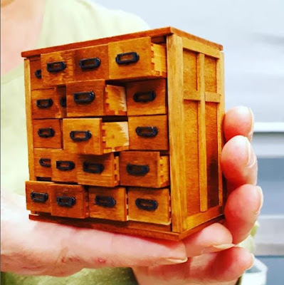 One-twelfth scale card catalogue drawers, with drawers open to show the dove-tailed drawers