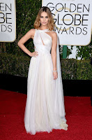 Lily James sexy in a semi-sheer white dress at the 2016 Golden Globe Awards red carpet photo