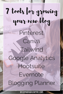 the 7 best tools that I used to grow my new blog are Pinterest, Canva, Tailwind, Google Analytics, Hootsuite, Evernote, and a post planner | brazenandbrunette.com