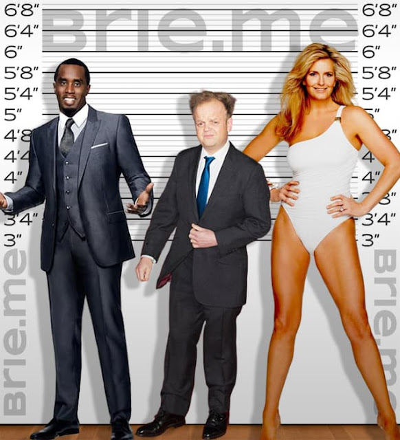 Diddy standing with Toby Jones and Penny Lancaster in front of a height chart background