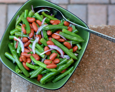 Fresh Three-Bean Salad, another easy summer salad ♥ AVeggieVenture.com, made skinny with less oil and less sugar. WW Friendly. Gluten Free. Low Carb. Vegan.