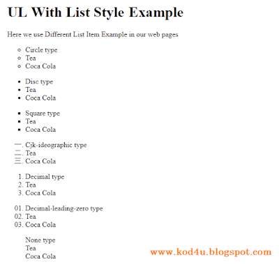 CSS UL With List Style Example