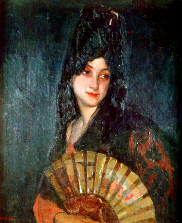 Mujer joven con abanico y mantilla, Victor Moya Calvo, Pintor español, Pintores Valencianos, Retratos de Victor Moya Calvo, Pintores españoles