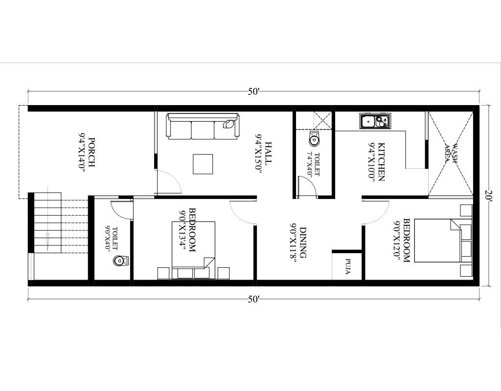 20x50 house plans with 3 bedrooms