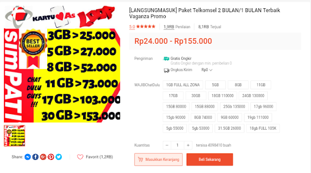 Daftar Harga Paket Internet Telkomsel Bulanan Unlimited Termurah - Di Marketplace Shopee