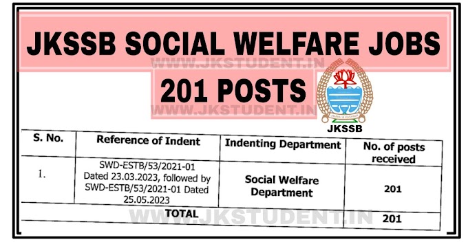 JKSSB: Social Welfare Department  Jobs Recruitment 2023 For 201 Posts - Salary: Rs. 25,500 – 81,100/-