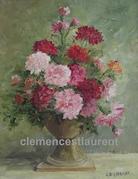 Carnations, oil, 10 x 8 - multicolor carnations in a vase with beige tones