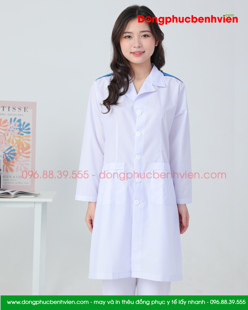 Bộ quần Áo blouse điều dưỡng nam nữ dáng dài có cầu vai – áo điều dưỡng, y tá thực tập sinh dài tay có cầu vai