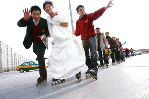 Roller-skating on wedding day